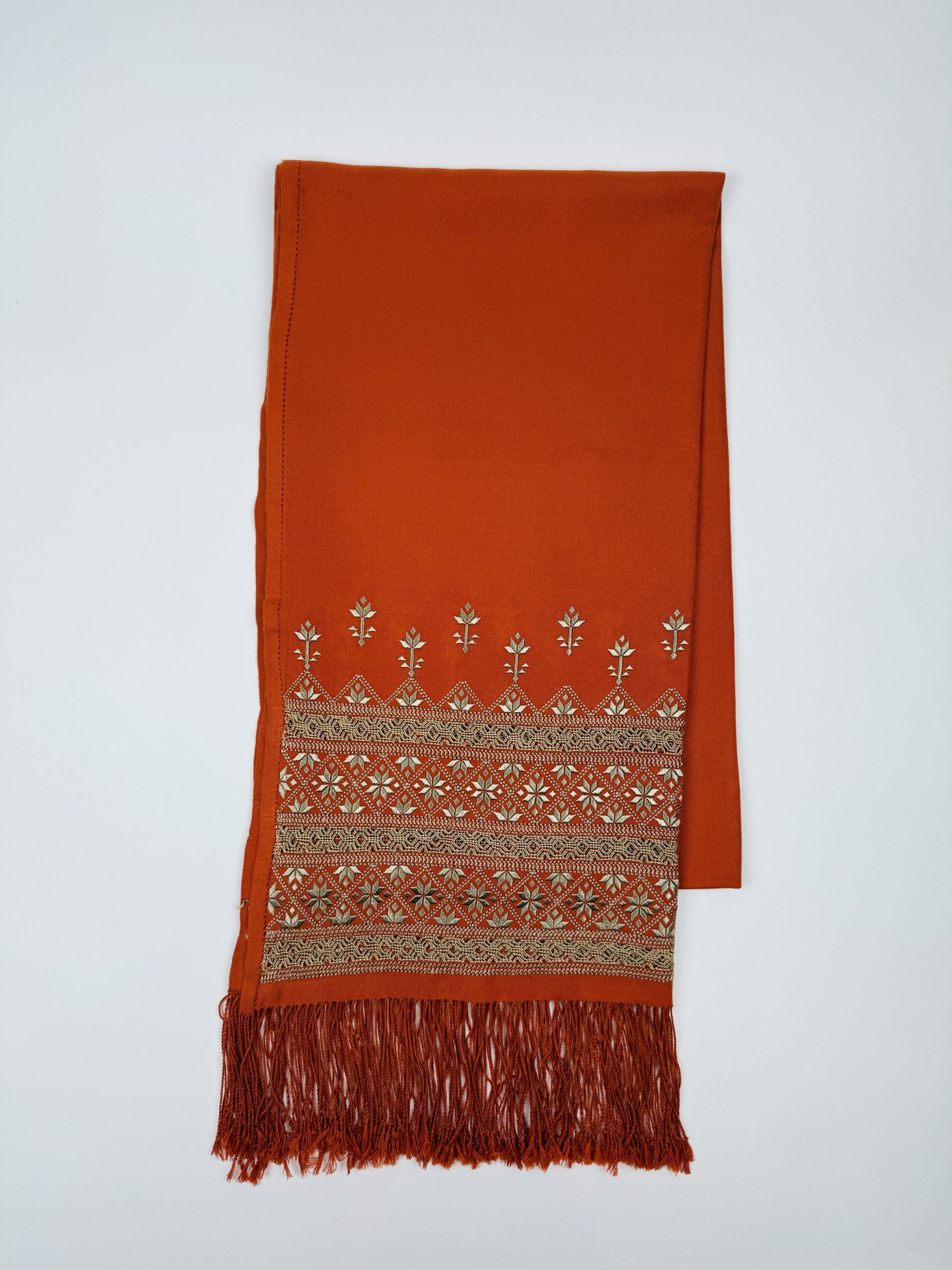 Shala Medium Shawl (22″X90″) – Burnt Orange Gold Embroidery